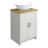 Chatsworth 610mm Grey Countertop Vanity with Beech Worktop, Oval Gloss White Basin & Antique Brass Handles