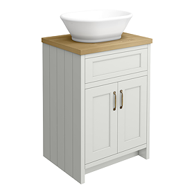 Chatsworth 610mm Traditional Grey Countertop Vanity with Beech Worktop, Oval Gloss White Basin & Antique Brass Handles