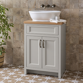 Chatsworth 610mm Grey Countertop Vanity with Beech Worktop, Oval Gloss White Basin & Antique Brass Handles