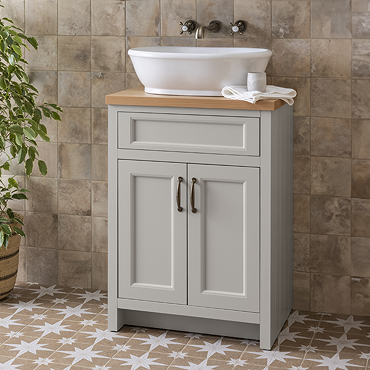 Chatsworth 610mm Traditional Grey Countertop Vanity with Beech Worktop, Oval Gloss White Basin & Antique Brass Handles