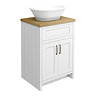 Chatsworth 610mm White Countertop Vanity with Beech Worktop, Oval Gloss White Basin & Antique Brass Handles