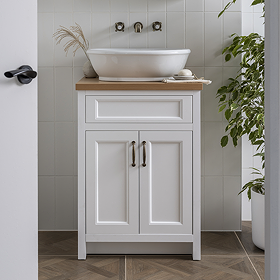 Chatsworth 610mm White Countertop Vanity with Beech Worktop, Oval Gloss White Basin & Antique Brass Handles