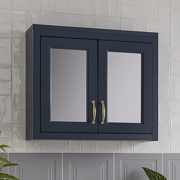 Chatsworth 690mm Blue 2-Door Mirror Cabinet with Brushed Brass Handles