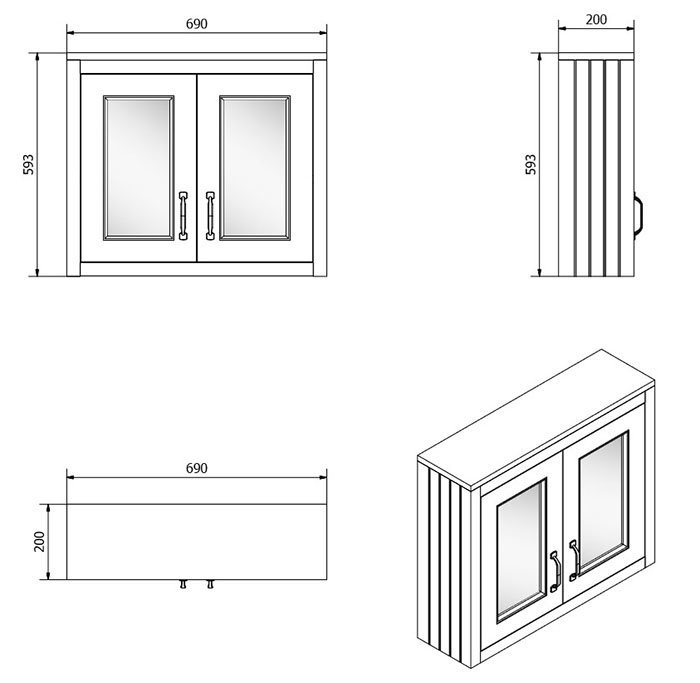 Chatsworth 690mm Grey 2-Door Mirror Cabinet with Brushed Brass Handles