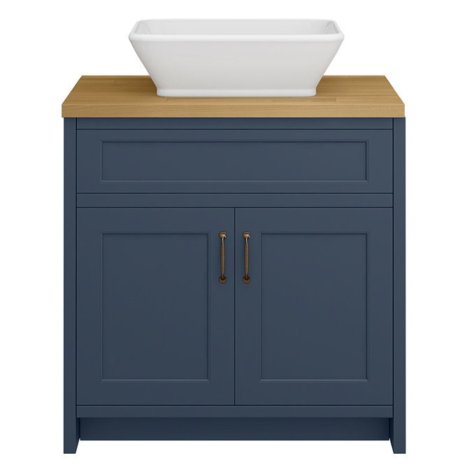 Chatsworth 810mm Blue Countertop Vanity with Beech Worktop, Rectangular Gloss White Basin & Antique Brass Handles
