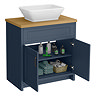 Chatsworth 810mm Blue Countertop Vanity with Beech Worktop, Rectangular Gloss White Basin & Antique Brass Handles