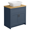 Chatsworth 810mm Blue Countertop Vanity with Beech Worktop, Rectangular Gloss White Basin & Antique Brass Handles