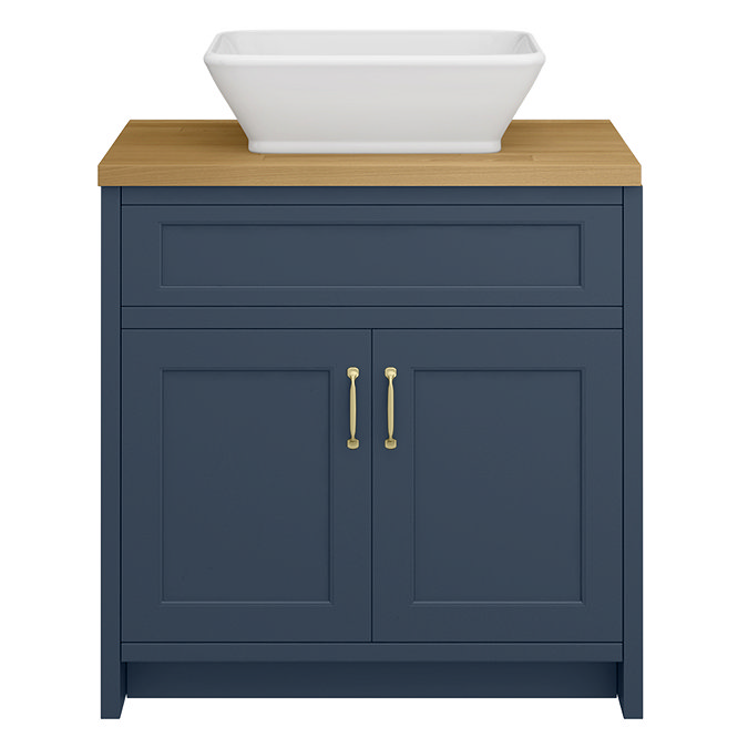 Chatsworth 810mm Blue Countertop Vanity with Beech Worktop, Rectangular Gloss White Basin & Brushed Brass Handles
