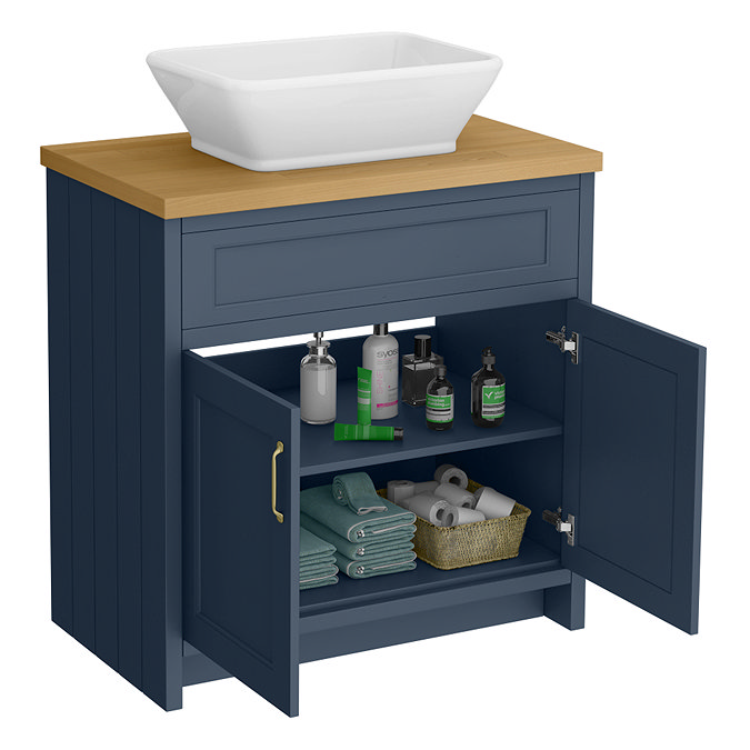 Chatsworth 810mm Blue Countertop Vanity with Beech Worktop, Rectangular Gloss White Basin & Brushed Brass Handles