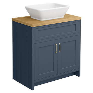 Chatsworth 810mm Blue Countertop Vanity with Beech Worktop, Rectangular Gloss White Basin & Brushed Brass Handles