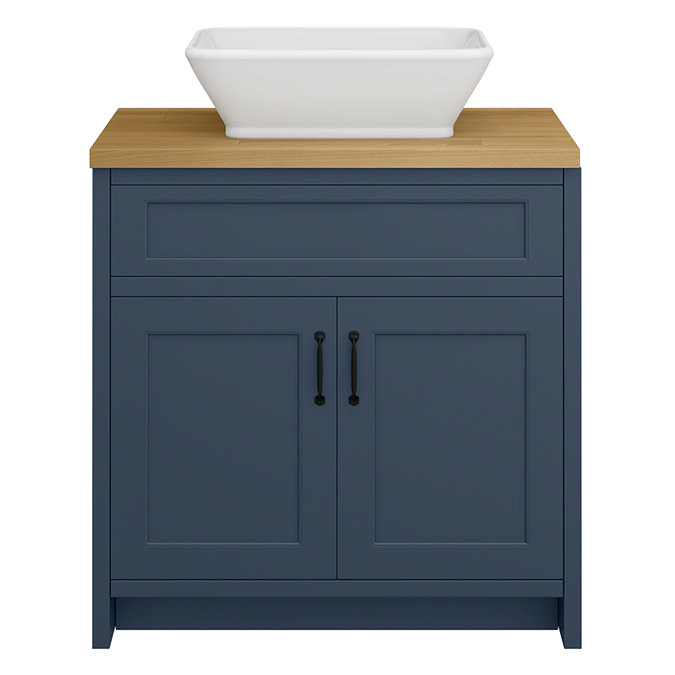 Chatsworth 810mm Blue Countertop Vanity with Beech Worktop, Rectangular Gloss White Basin & Matt Black Handles