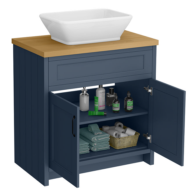 Chatsworth 810mm Blue Countertop Vanity with Beech Worktop, Rectangular Gloss White Basin & Matt Black Handles