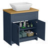 Chatsworth 810mm Blue Countertop Vanity with Beech Worktop, Rectangular Gloss White Basin & Matt Black Handles