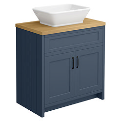 Chatsworth 810mm Blue Countertop Vanity with Beech Worktop, Rectangular Gloss White Basin & Matt Black Handles