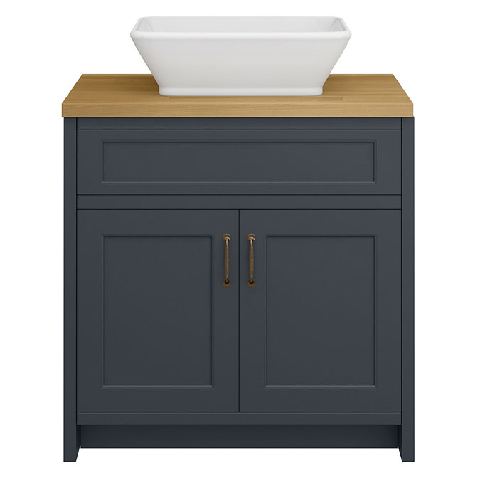 Chatsworth 810mm Graphite Countertop Vanity with Beech Worktop, Rectangular Gloss White Basin & Antique Brass Handles
