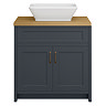 Chatsworth 810mm Graphite Countertop Vanity with Beech Worktop, Rectangular Gloss White Basin & Antique Brass Handles