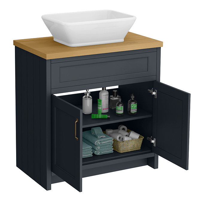 Chatsworth 810mm Graphite Countertop Vanity with Beech Worktop, Rectangular Gloss White Basin & Antique Brass Handles