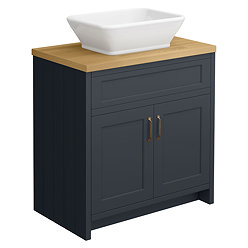 Chatsworth 810mm Graphite Countertop Vanity with Beech Worktop, Rectangular Gloss White Basin & Antique Brass Handles