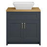 Chatsworth 810mm Graphite Countertop Vanity with Beech Worktop, Rectangular Gloss White Basin & Brushed Brass Handles