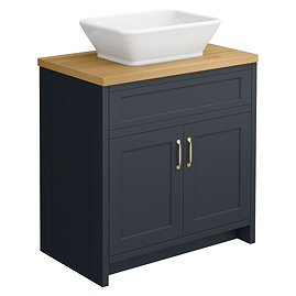 Chatsworth 810mm Graphite Countertop Vanity with Beech Worktop, Rectangular Gloss White Basin & Brushed Brass Handles