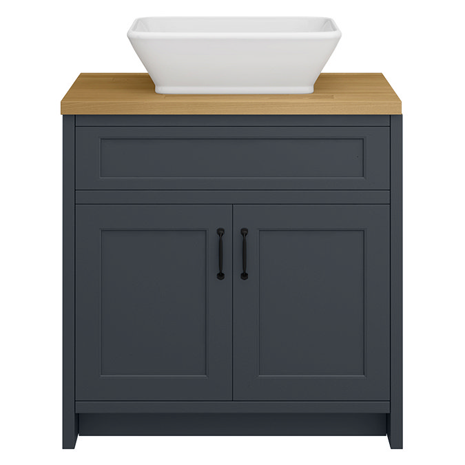 Chatsworth 810mm Graphite Countertop Vanity with Beech Worktop, Rectangular Gloss White Basin & Matt Black Handles