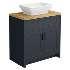 Chatsworth 810mm Graphite Countertop Vanity with Beech Worktop, Rectangular Gloss White Basin & Matt Black Handles