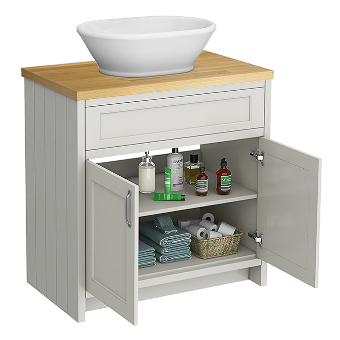 Chatsworth 810mm Grey Countertop Vanity with Beech Worktop, Oval Gloss White Basin & Chrome Handles
