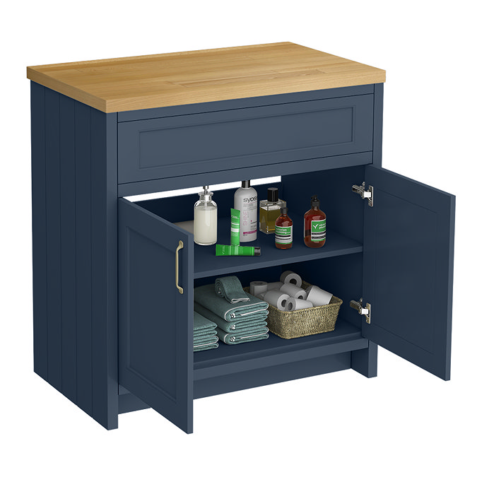 Chatsworth 810mm Traditional Blue Countertop Vanity with Beech Worktop & Brushed Brass Handles