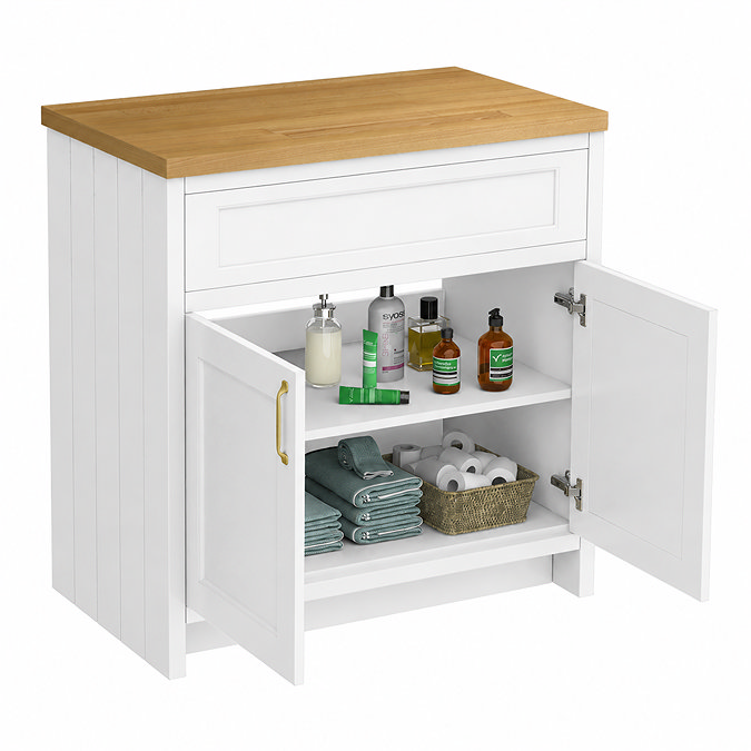 Chatsworth 810mm Traditional White Countertop Vanity Unit with Solid Beech Wood Worktop & Brushed Brass Handles