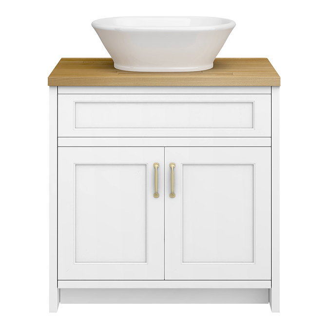 Chatsworth 810mm White Countertop Vanity with Beech Worktop, Oval Gloss White Basin & Brushed Brass Handles