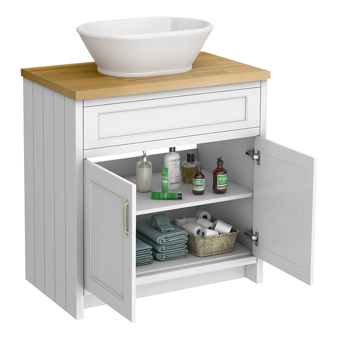 Chatsworth 810mm White Countertop Vanity with Beech Worktop, Oval Gloss White Basin & Brushed Brass Handles