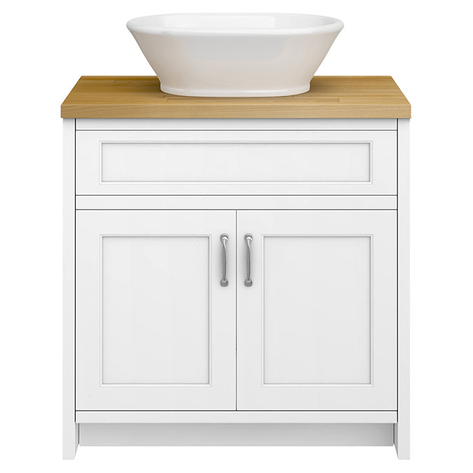 Chatsworth 810mm White Countertop Vanity with Beech Worktop, Oval Gloss White Basin & Chrome Handles