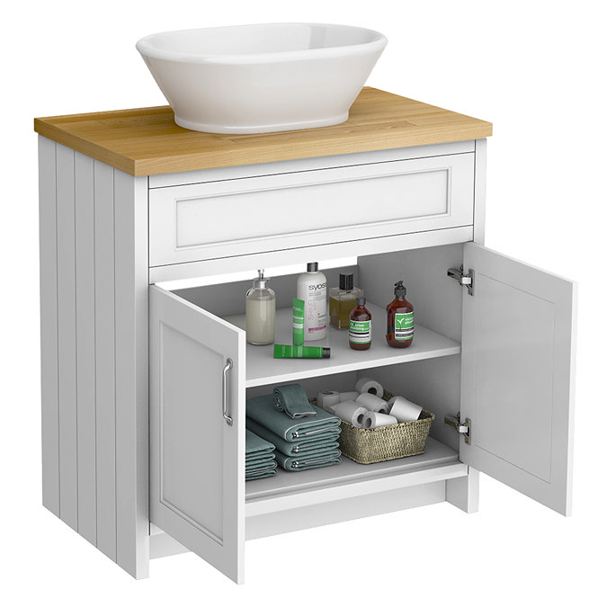 Chatsworth 810mm White Countertop Vanity with Beech Worktop, Oval Gloss White Basin & Chrome Handles