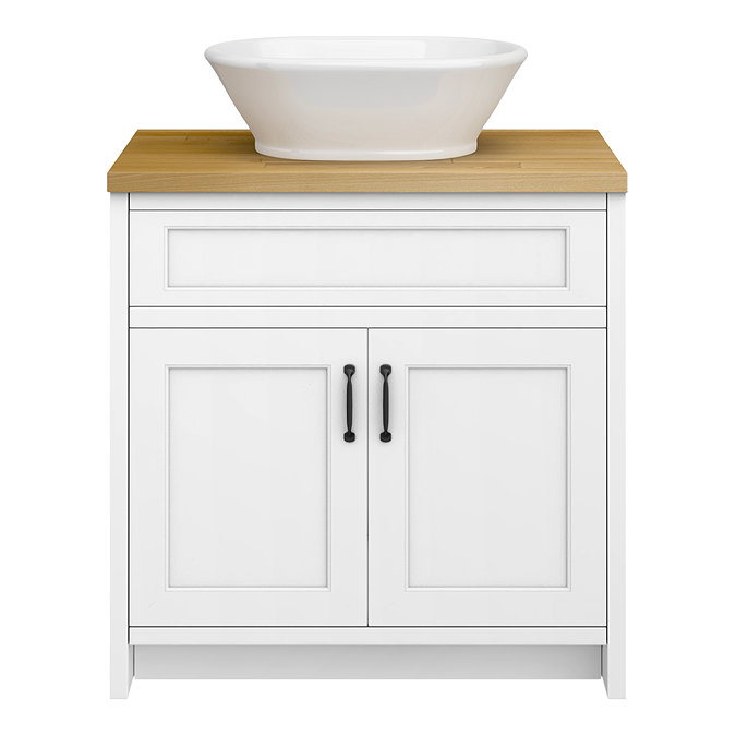 Chatsworth 810mm White Countertop Vanity with Beech Worktop, Oval Gloss White Basin & Matt Black Handles