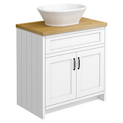 Chatsworth 810mm White Countertop Vanity with Beech Worktop, Oval Gloss White Basin & Matt Black Handles