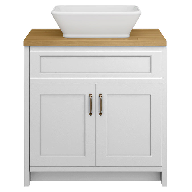 Chatsworth 810mm White Countertop Vanity with Beech Worktop, Rectangular Gloss White Basin & Antique Brass Handles