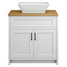 Chatsworth 810mm White Countertop Vanity with Beech Worktop, Rectangular Gloss White Basin & Antique Brass Handles