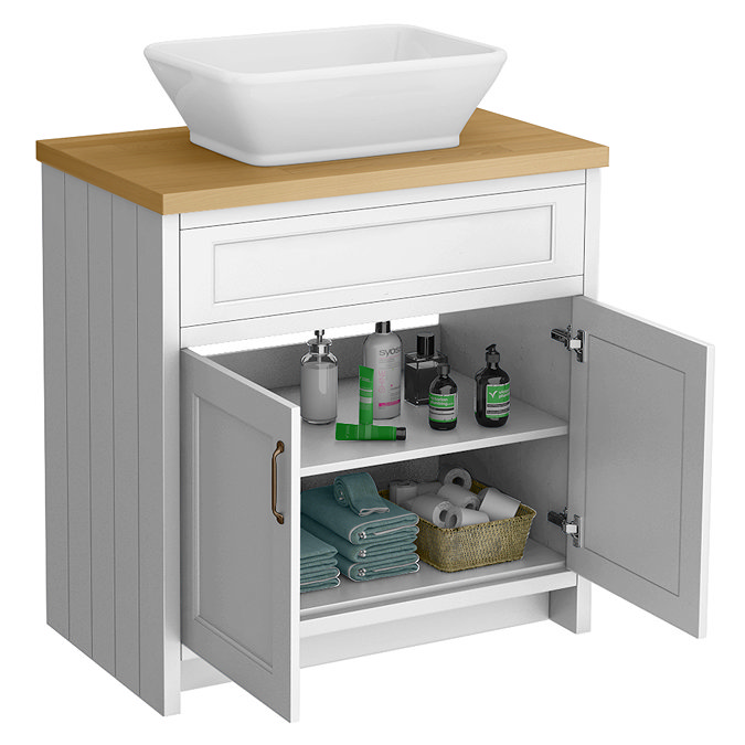 Chatsworth 810mm White Countertop Vanity with Beech Worktop, Rectangular Gloss White Basin & Antique Brass Handles