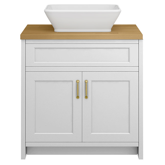 Chatsworth 810mm White Countertop Vanity with Beech Worktop, Rectangular Gloss White Basin & Brushed Brass Handles