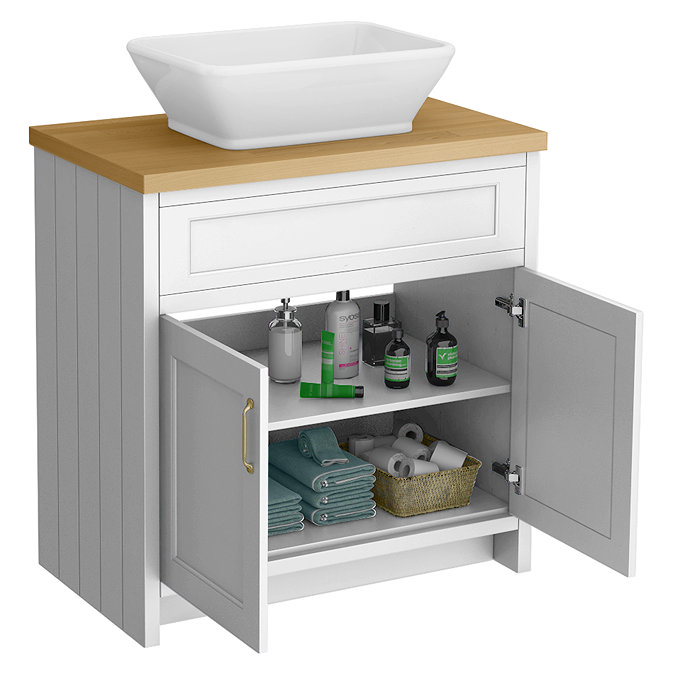 Chatsworth 810mm White Countertop Vanity with Beech Worktop, Rectangular Gloss White Basin & Brushed Brass Handles