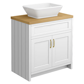 Chatsworth 810mm White Countertop Vanity with Beech Worktop, Rectangular Gloss White Basin & Brushed Brass Handles