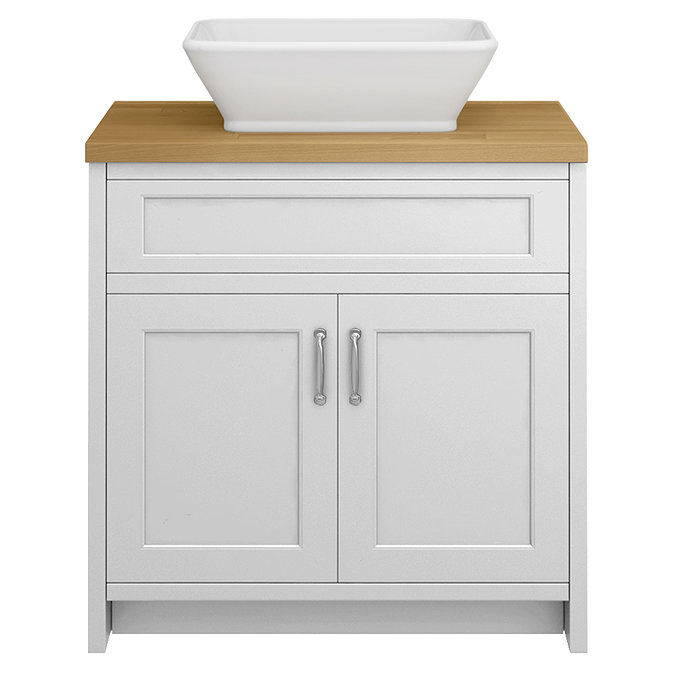Chatsworth 810mm White Countertop Vanity with Beech Worktop, Rectangular Gloss White Basin & Chrome Handles