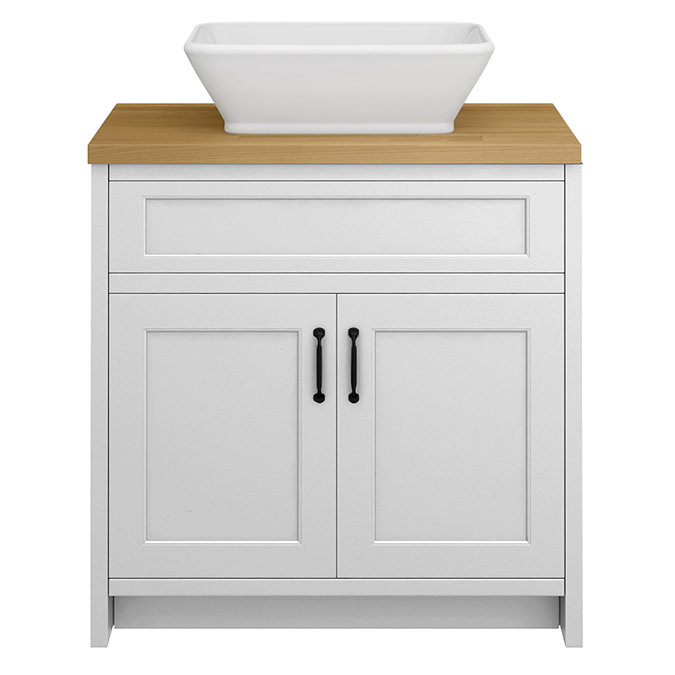 Chatsworth 810mm White Countertop Vanity with Beech Worktop, Rectangular Gloss White Basin & Matt Black Handles