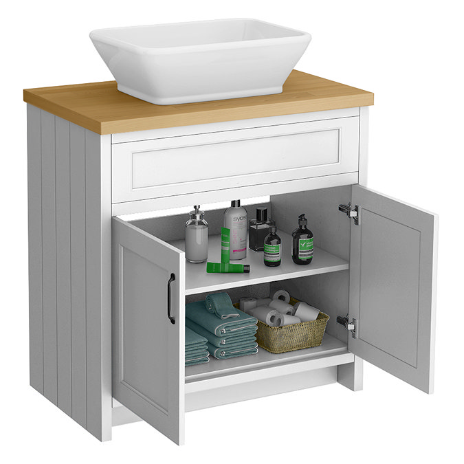 Chatsworth 810mm White Countertop Vanity with Beech Worktop, Rectangular Gloss White Basin & Matt Black Handles