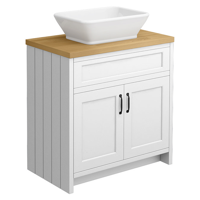 Chatsworth 810mm White Countertop Vanity with Beech Worktop, Rectangular Gloss White Basin & Matt Black Handles