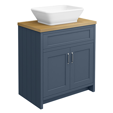 Chatsworth 810mm Blue Countertop Vanity with Beech Worktop, Rectangular Gloss White Basin & Chrome Handles