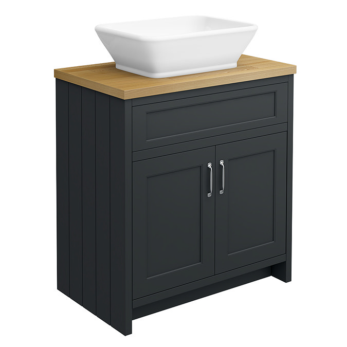 Chatsworth 810mm Graphite Countertop Vanity with Beech Worktop, Rectangular Gloss White Basin & Chrome Handles