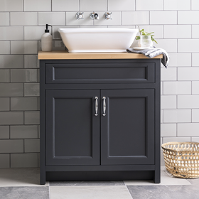 Chatsworth 810mm Graphite Countertop Vanity with Beech Worktop, Rectangular Gloss White Basin & Chrome Handles