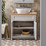 Chatsworth 810mm Grey Countertop Vanity with Beech Worktop, Oval Gloss White Basin & Antique Brass Handles