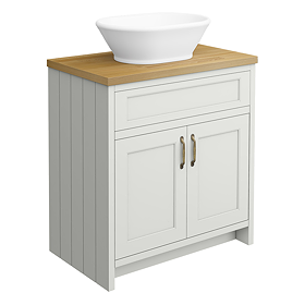Chatsworth 810mm Grey Countertop Vanity with Beech Worktop, Oval Gloss White Basin & Antique Brass Handles